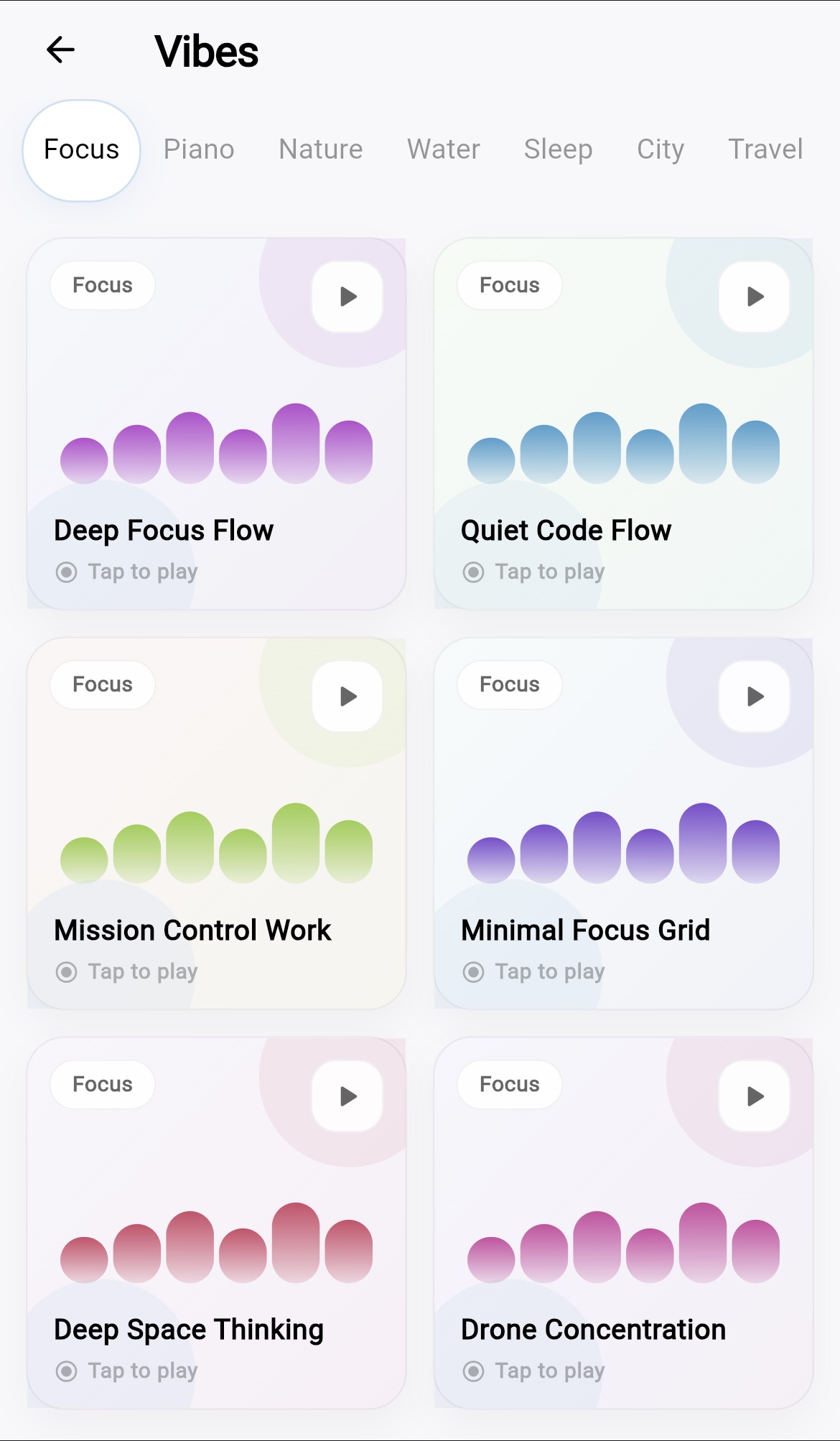 VorX Vibes screen with ambient audio soundscapes